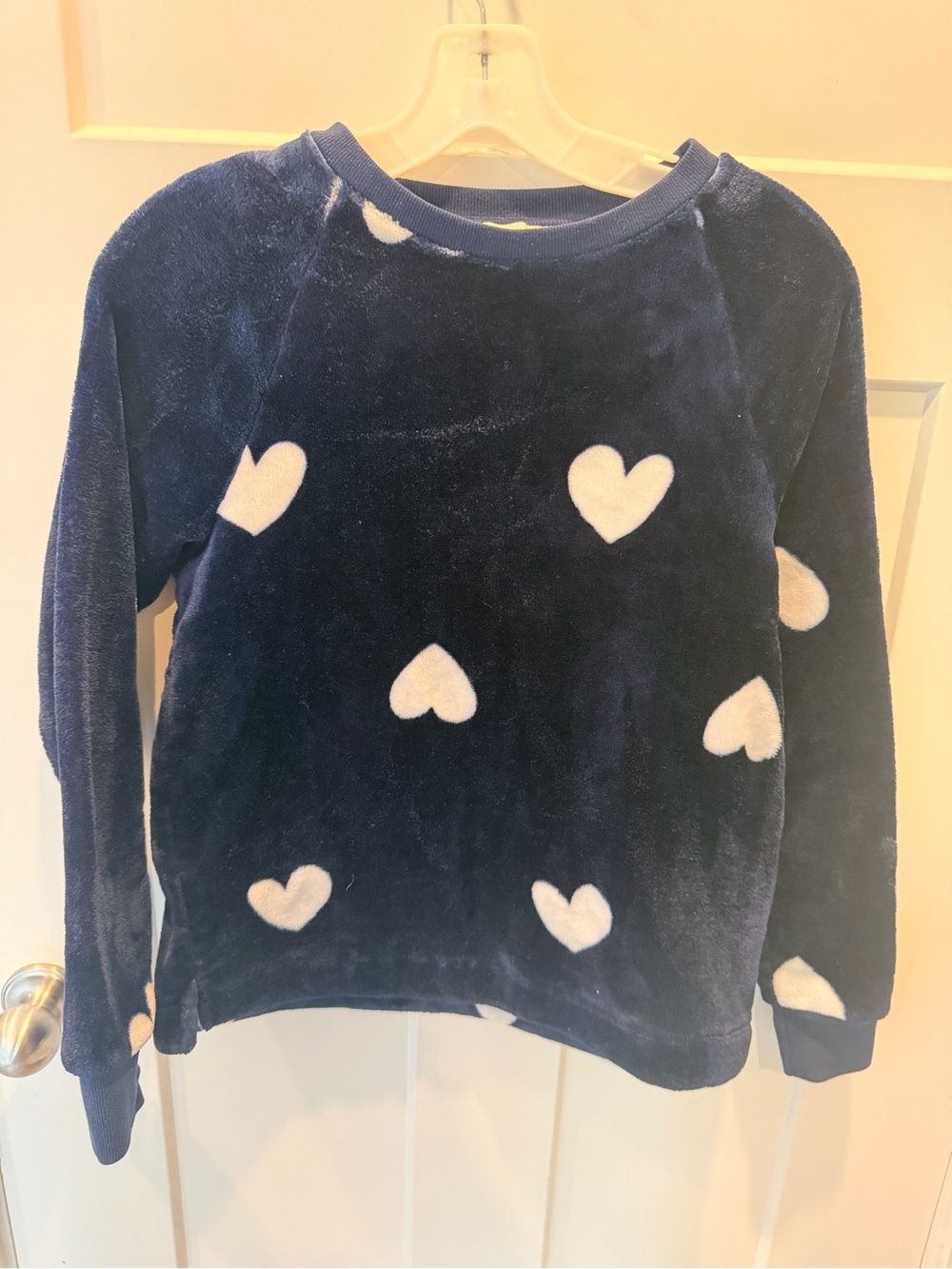 LOFT XS Navy Plush Fuzzy Heart Print Sweatshirt Cozy Pullover